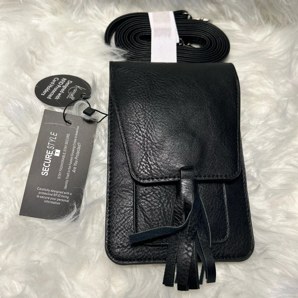 K.Carroll Black Leather Crossbody Bag with Tassel belt loop & adj strap. NWT.  T - Picture 6 of 13